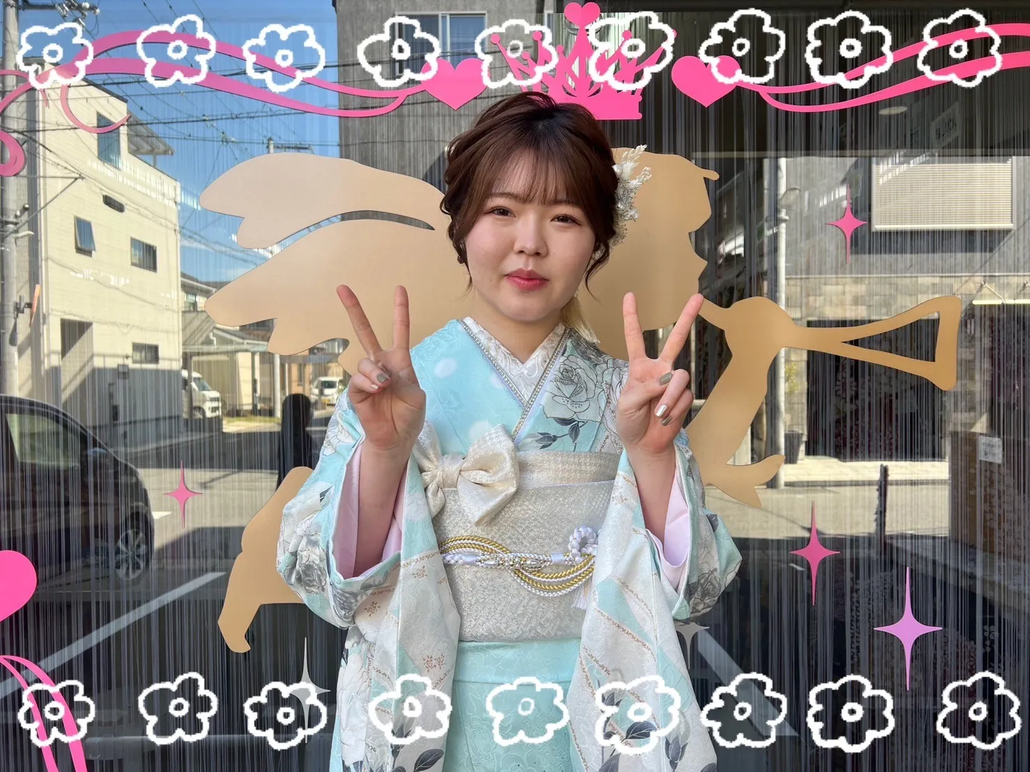 振袖 レンタル 奈良 ヘップバーンシャネルカラー ブルー(水色)/白 バラ/リボン柄 スワロフスキー おしゃれ セレブ エレガント ぴょな