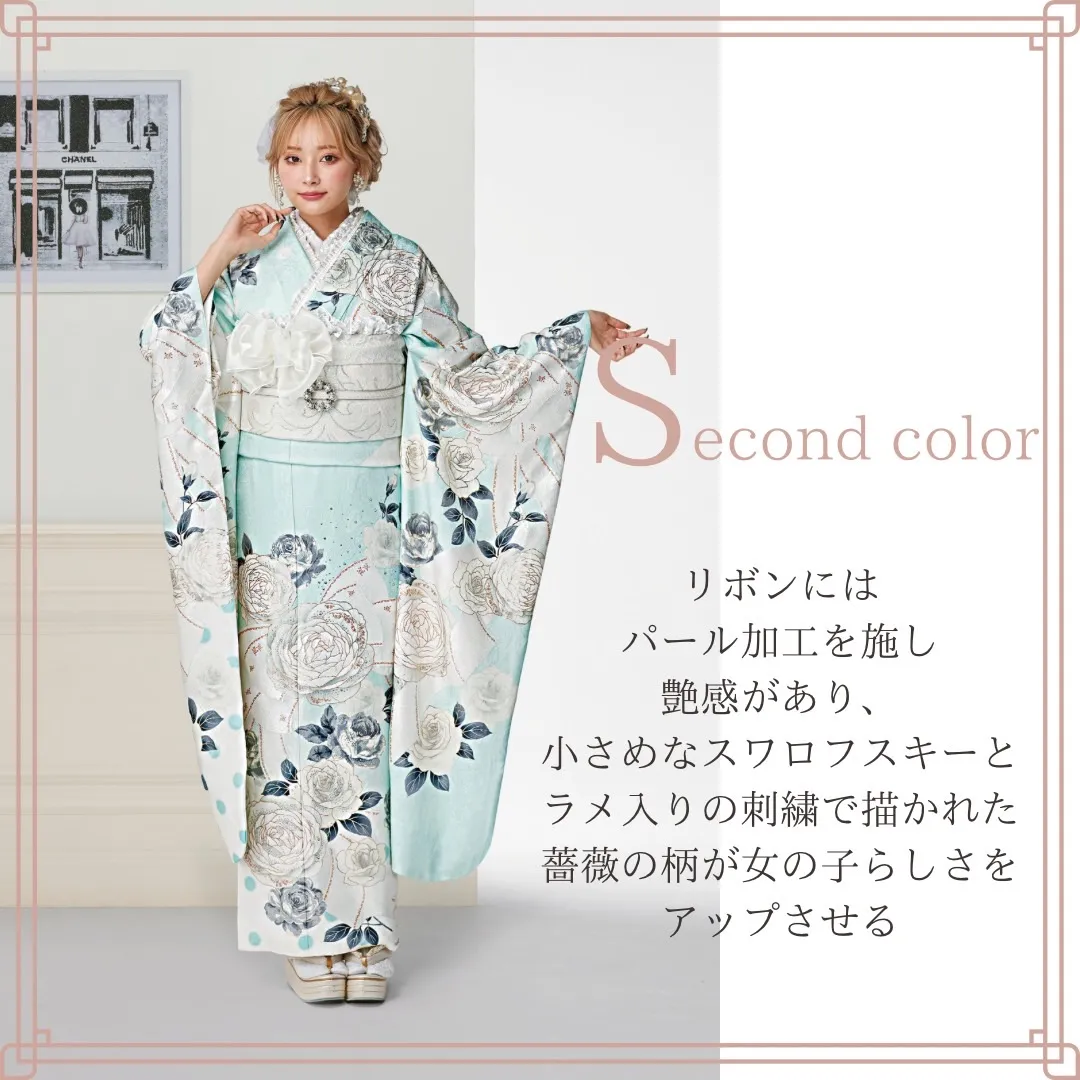 振袖 レンタル 奈良 ヘップバーンシャネルカラー ブルー(水色)/白 バラ/リボン柄 スワロフスキー おしゃれ セレブ エレガント ぴょな