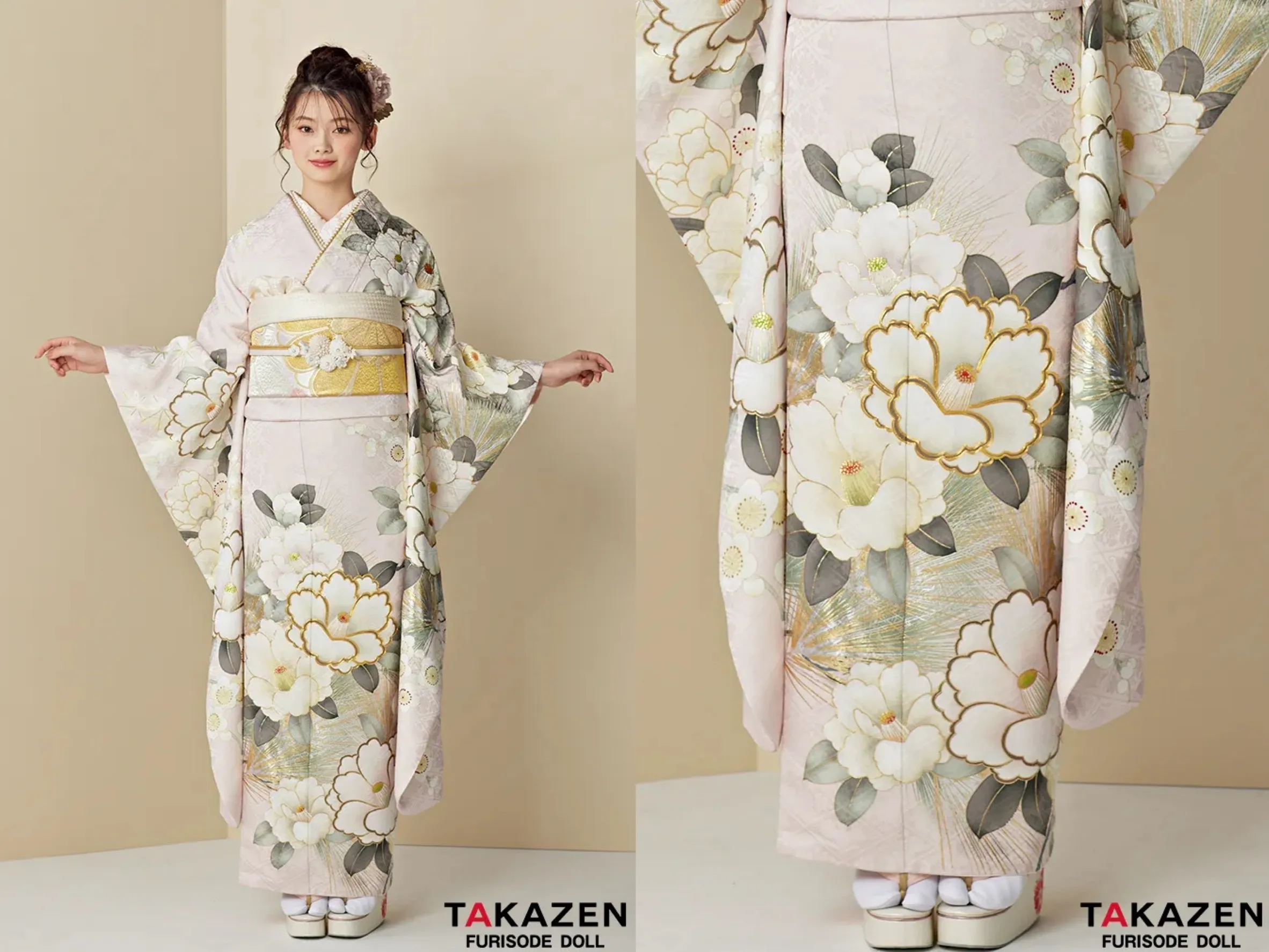 振袖 レンタル 奈良 くすみカラー古典 淡い色/薄ピンク 椿柄 かわいい 透明感 統一感のある着こなし トレンド