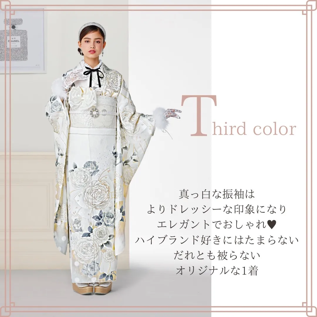 振袖 レンタル 奈良 ヘップバーンシャネルカラー 白/ゴールド バラ/リボン柄 スワロフスキー おしゃれな ドレッシー カメリア柄帯