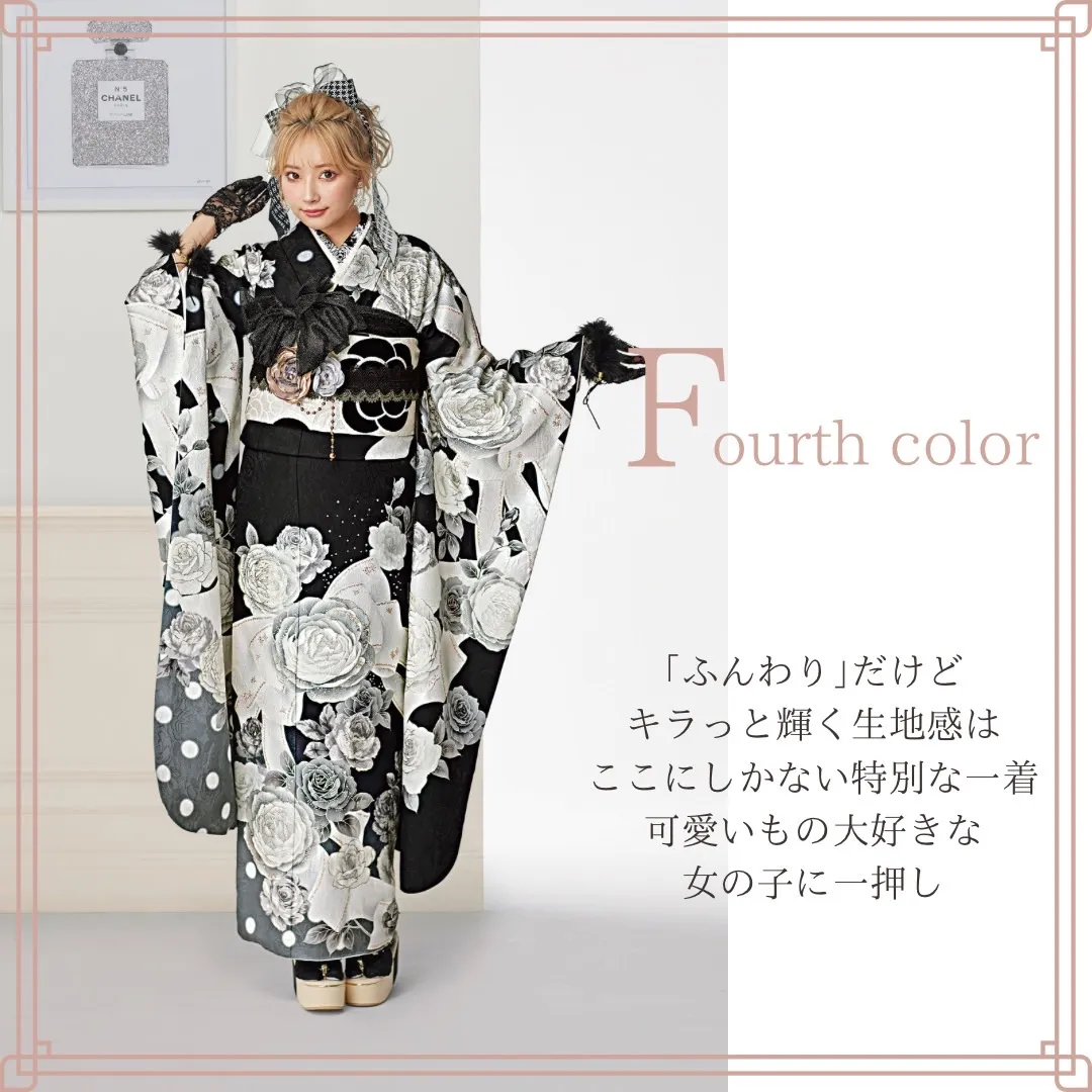 振袖 レンタル 奈良 ヘップバーンシャネルカラー 黒/白/モノトーン バラ/リボン柄 人気 スワロフスキー付き カメリア柄帯 おしゃれ ぴょな