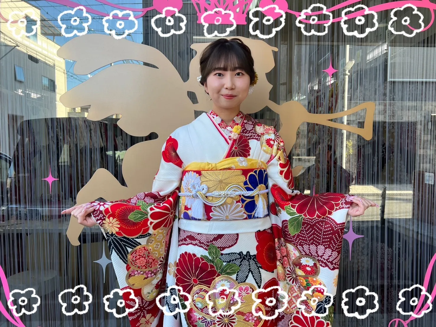 振袖 レンタル 奈良 正統派古典 白/赤/アイボリー 花柄/大柄 目立つ古典振袖 高身長さんにもおすすめ ポップ