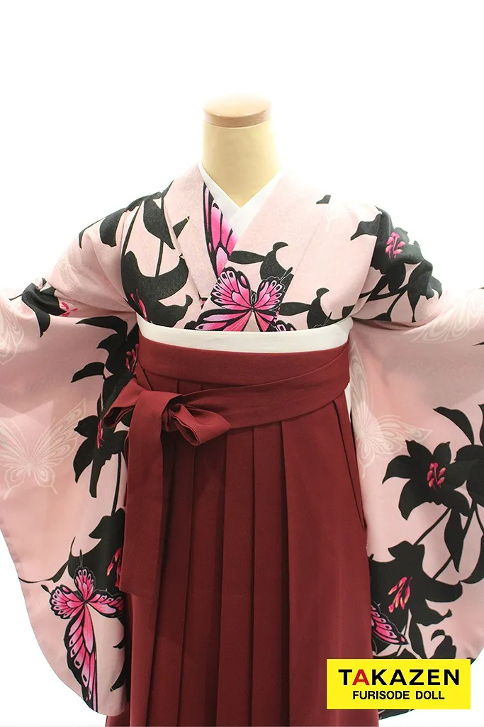 TAKAZENのレンタル袴 格安モード系　ピンク　百合柄/蝶々柄　かっこいい　人と被らない　プチプラ【通販可】Y14