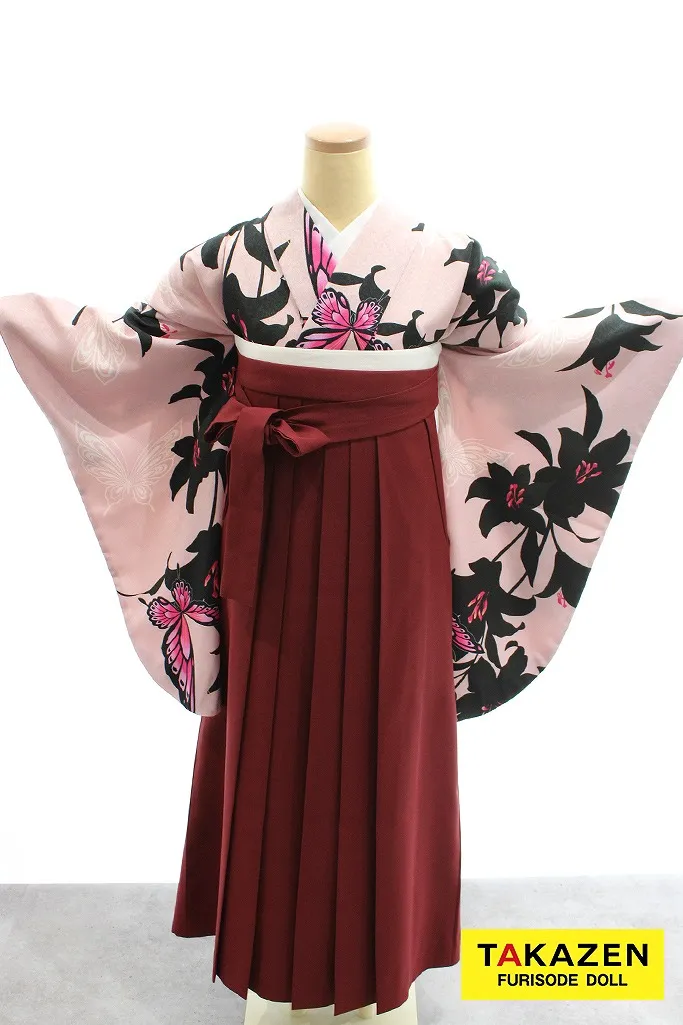 TAKAZENのレンタル袴 格安モード系　ピンク　百合柄/蝶々柄　かっこいい　人と被らない　プチプラ【通販可】Y14