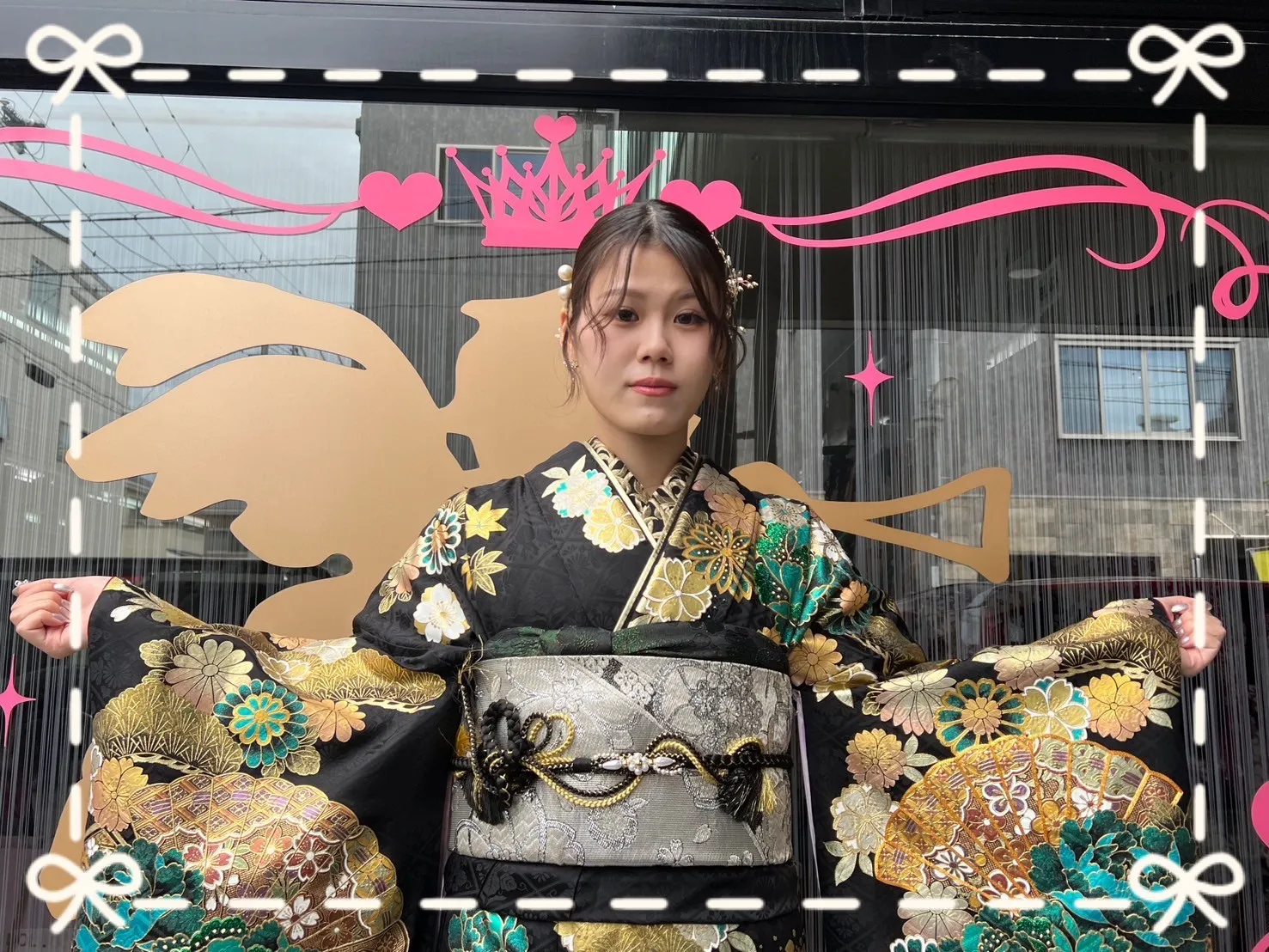 振袖 レンタル 奈良 前撮り ジャパンモード 花魁風 目立つ カッコいい 黒 グリーン 金彩