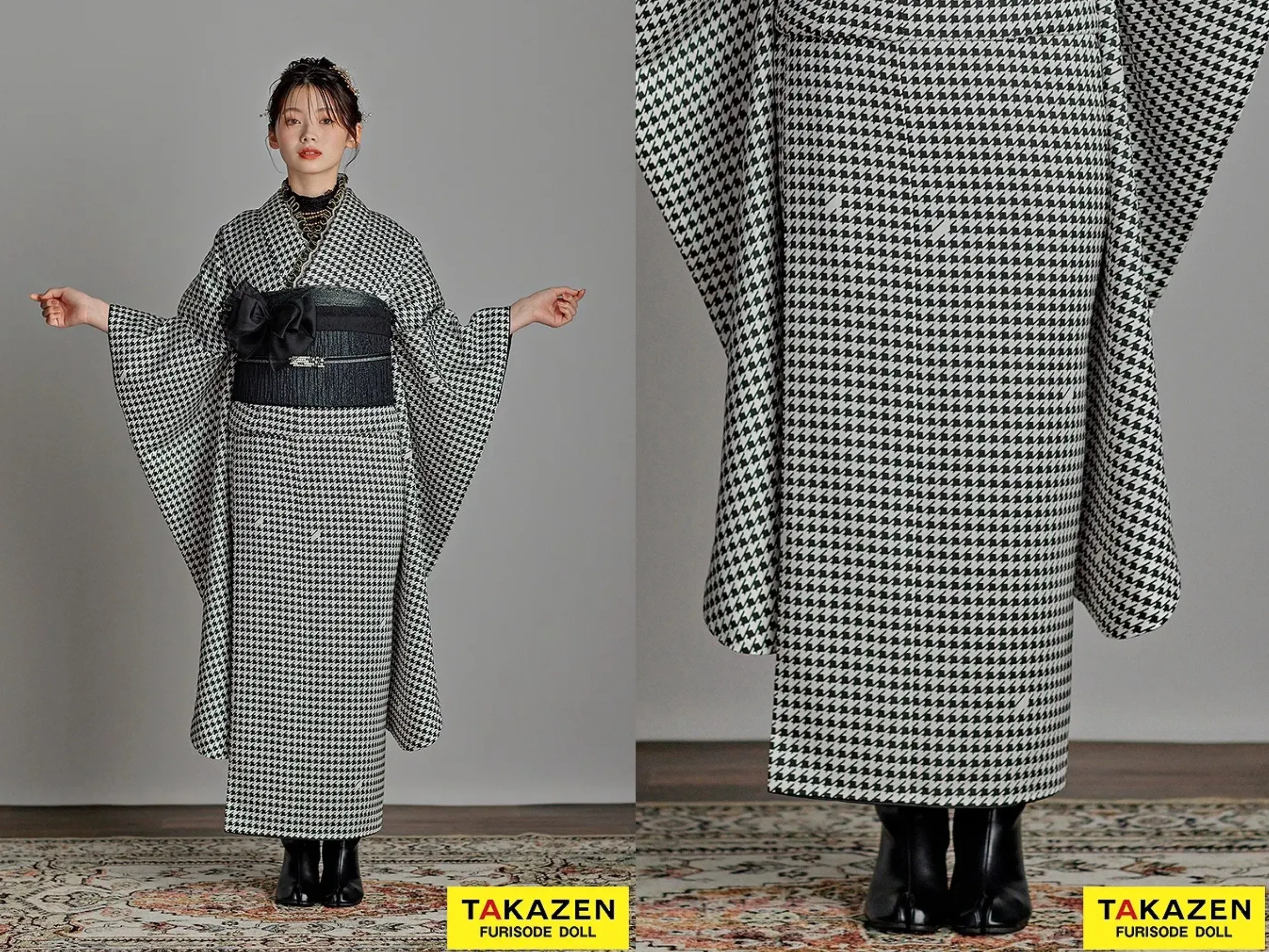 振袖 レンタル 奈良 振袖安い 最新作ヴィンテージスタイル 黒/白 千鳥柄 かわいい アンティーク調 レースインナー/ブーツスタイル