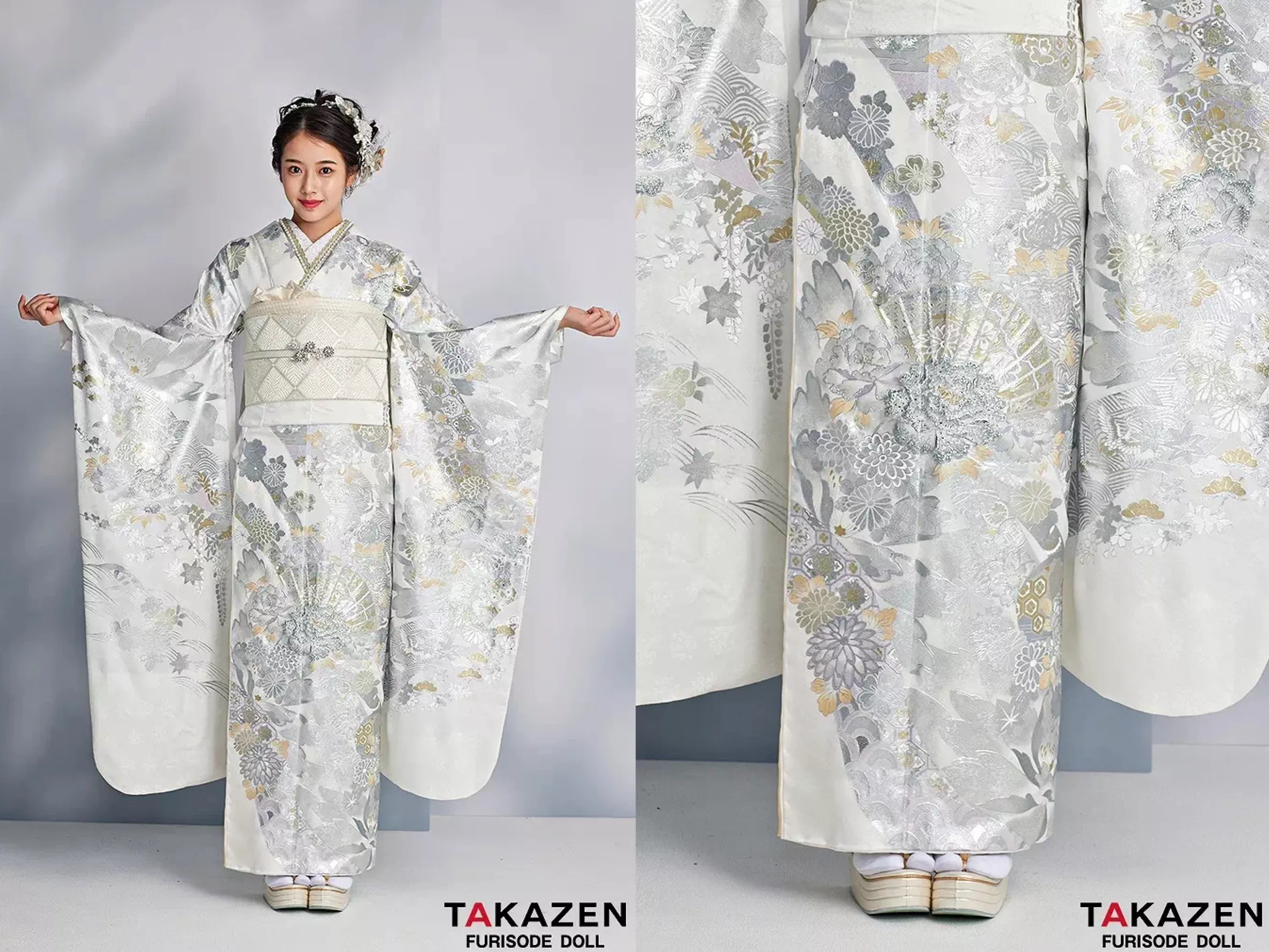 振袖　レンタル　奈良　振袖安い　最新作最高級古典柄振袖　関芳/最高級金彩刺繍友禅　白/シルバー　扇面　キラキラ　綺麗　透明感のある　桂由美プレミアム