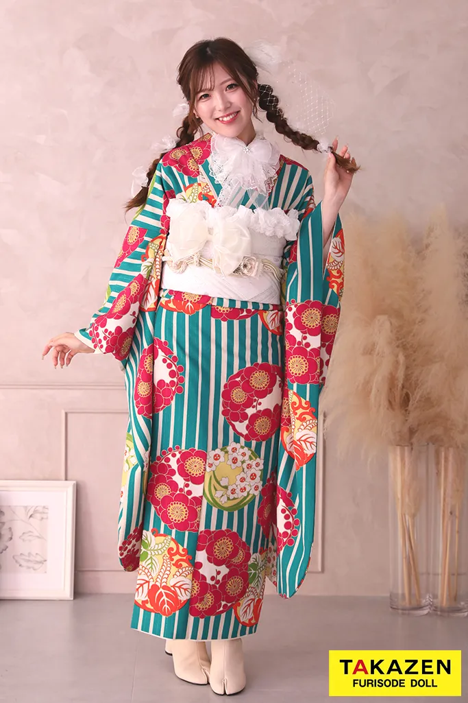 TAKAZENのレンタル振袖 激安レトロ　水色　ストライプ/梅柄　かわいい　リボンコーデ　ブーツスタイル【通販可】32014