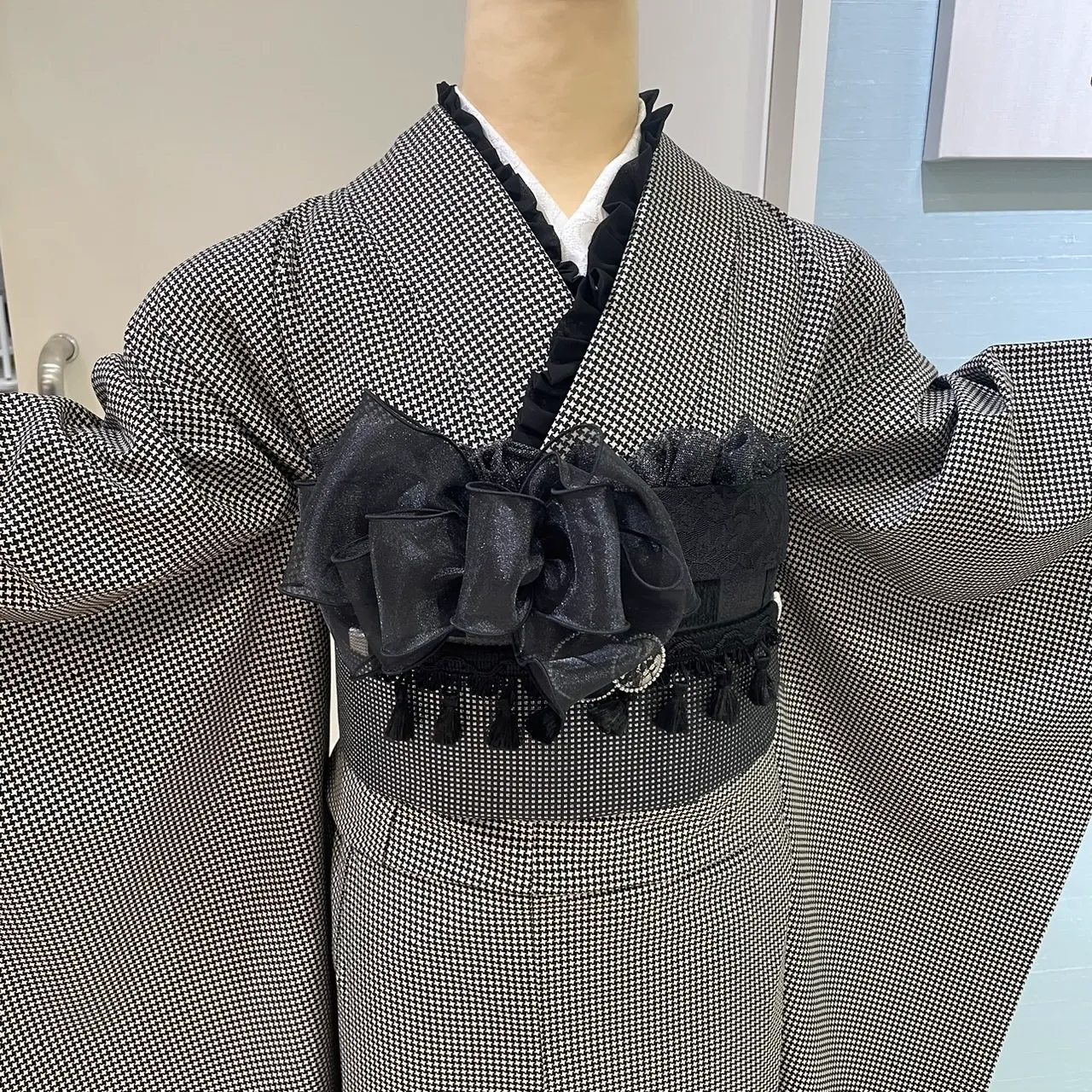 レトロ　グレー　無地/千鳥柄　大正ロマン　個性的振袖