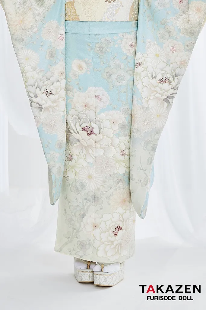 TAKAZENのレンタル振袖 くすみカラー古典　水色/淡い色　牡丹柄　清楚　爽やか　ワントーンコーデ　かわいい　じゅり【通販可】G65