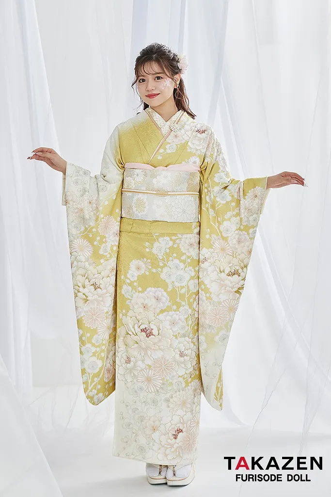 TAKAZENのレンタル振袖 くすみカラー古典　黄色/ビタミンカラー　牡丹柄　華やか　ワントーンコーデ　かわいい　じゅり【通販可】G66