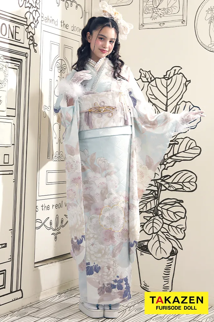 TAKAZENのレンタル振袖 くすみカラー古典　水色/淡い色　梅柄/菊柄　爽やか　かわいい　フェミニン　ブリッジマン遊七【通販可】K1105