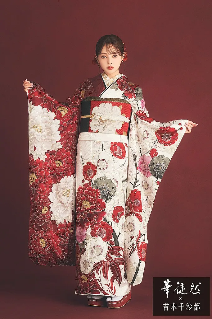 TAKAZENのレンタル振袖 華徒然×吉木千沙都　白/赤/紅白　牡丹柄/梅柄　片身替わり　華やか　目立つ【通販可】K1109