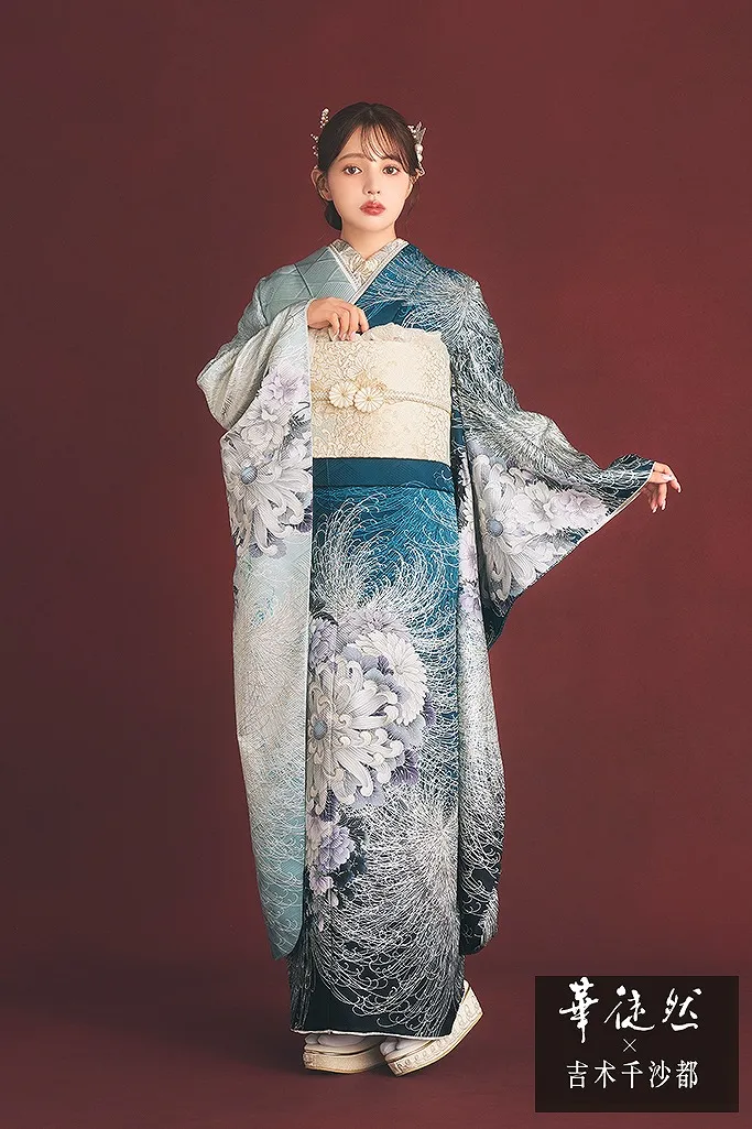 TAKAZENのレンタル振袖 華徒然×吉木千沙都　ターコイズブルー/水色　乱菊柄　古典柄　クール　綺麗　大人っぽい　人とかぶらない【通販可】K1115