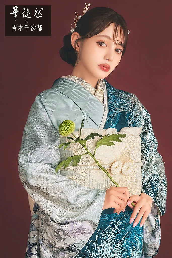 TAKAZENのレンタル振袖 華徒然×吉木千沙都　ターコイズブルー/水色　乱菊柄　古典柄　クール　綺麗　大人っぽい　人とかぶらない【通販可】K1115