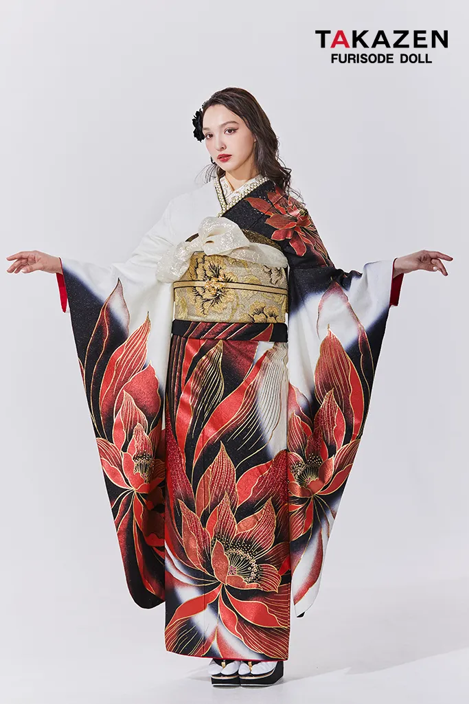 TAKAZENのレンタル振袖 モード系　赤/白/黒　大柄/牡丹柄　かっこいい　セクシー　キラキラ振袖　大人っぽい　香川るな【通販可】LB40