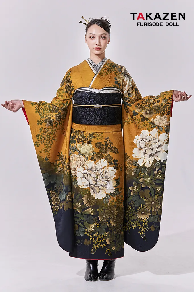 TAKAZENのレンタル振袖 ヴィンテージスタイル　からし　牡丹柄　かっこいい　大人っぽい　シック　ブーツスタイル　香川るな【通販可】LB42
