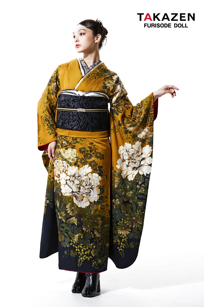 TAKAZENのレンタル振袖 ヴィンテージスタイル　からし　牡丹柄　かっこいい　大人っぽい　シック　ブーツスタイル　香川るな【通販可】LB42