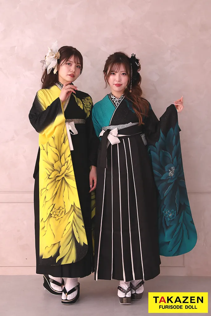 TAKAZENのレンタル袴 モード系　黒/エメラルドグリーン　牡丹柄　かっこいい　シンプル　目立つ【通販可】RY158