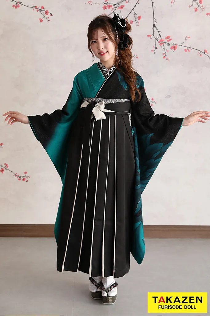TAKAZENのレンタル袴 モード系　黒/エメラルドグリーン　牡丹柄　かっこいい　シンプル　目立つ【通販可】RY158