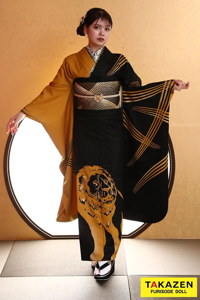 TAKAZENのレンタル振袖 倖田來未振袖　からし/黒　ライオン　ジャパンモード　かっこいい　目立つ　渋い【通販可】YK248
