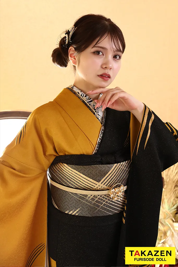 TAKAZENのレンタル振袖 倖田來未振袖　からし/黒　ライオン　ジャパンモード　かっこいい　目立つ　渋い【通販可】YK248