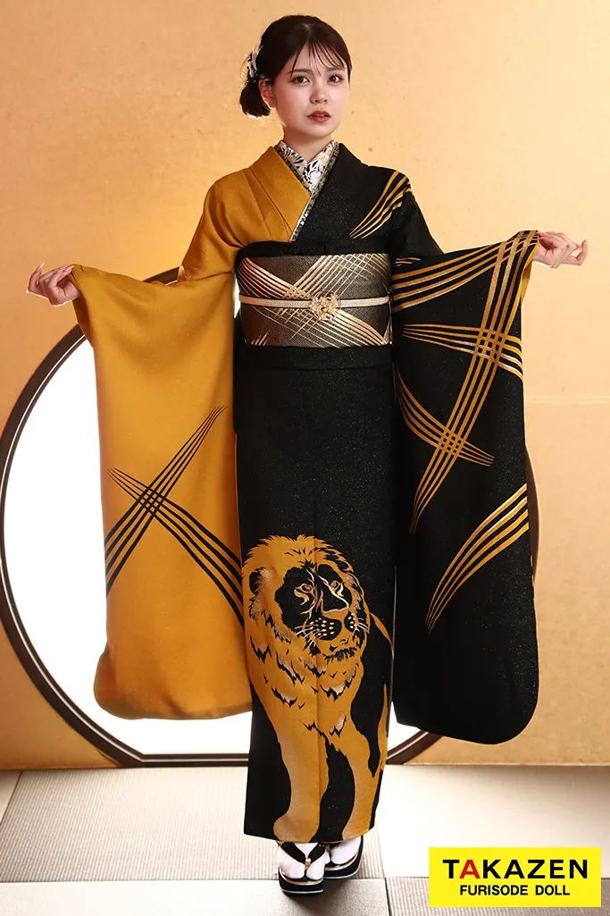 TAKAZENのレンタル振袖 倖田來未振袖　からし/黒　ライオン　ジャパンモード　かっこいい　目立つ　渋い【通販可】YK248