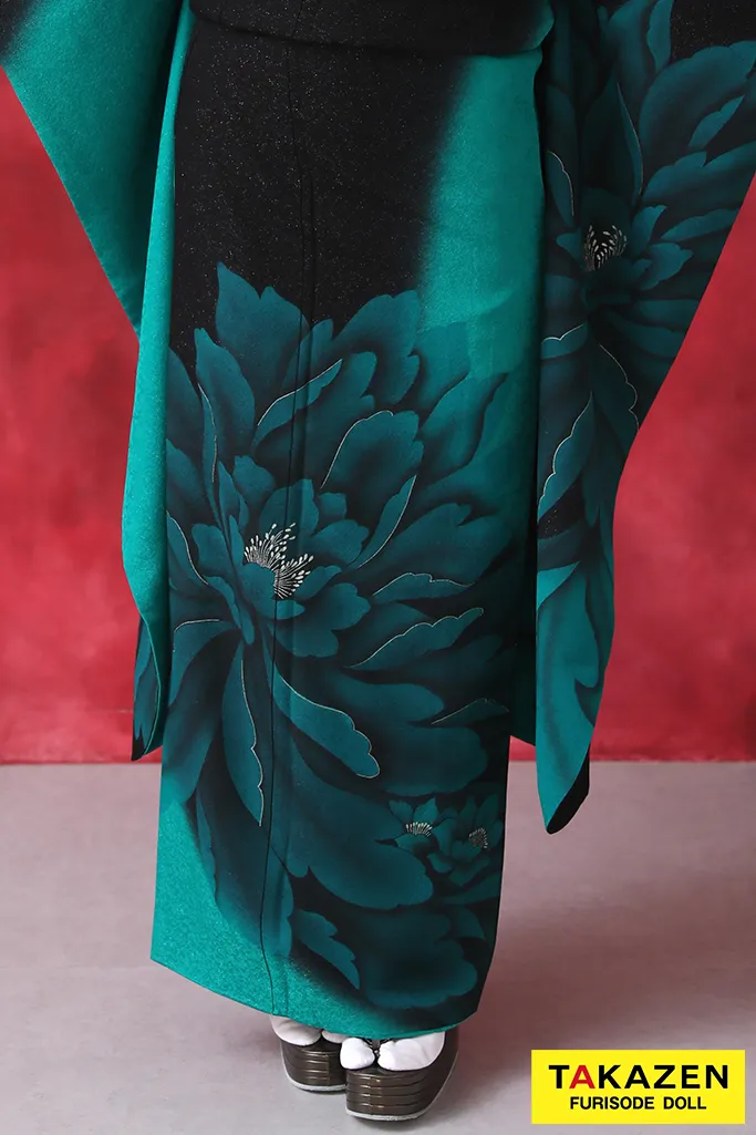 TAKAZENのレンタル振袖 格安クール系　黒/エメラルドグリーン　牡丹柄　大柄　シンプル　かっこいい　ギャル【通販可】YK251