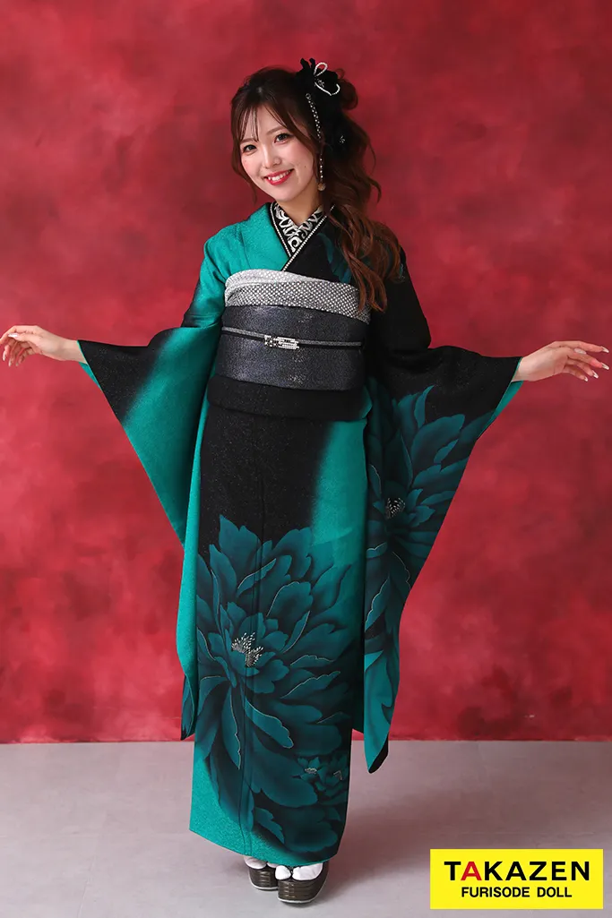 TAKAZENのレンタル振袖 格安クール系　黒/エメラルドグリーン　牡丹柄　大柄　シンプル　かっこいい　ギャル【通販可】YK251