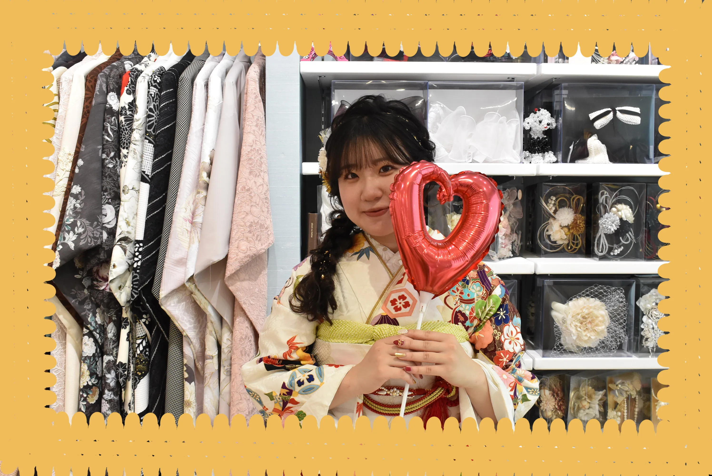 振袖　前撮り撮影会　TAKAZEN堺店　クリーム　オレンジ　古典