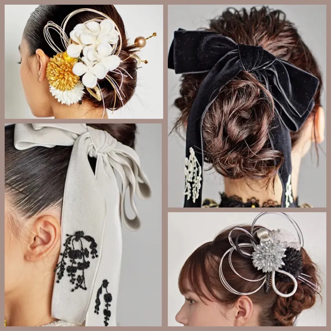 成人式　卒業式　髪飾り　ヘアアレンジ　ベロア　リボン　シンプル　クール