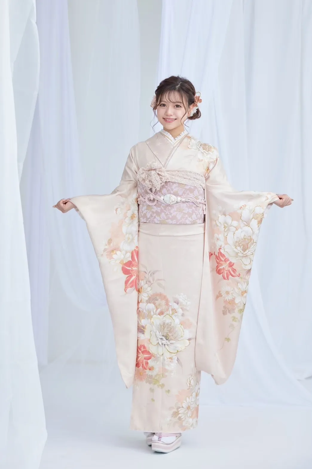 振袖レンタル　成人式　なんば　心斎橋　天王寺　くすみピンク　かわいい　前撮り撮影会　大阪　人気　キャバ嬢　じゅりちゃん