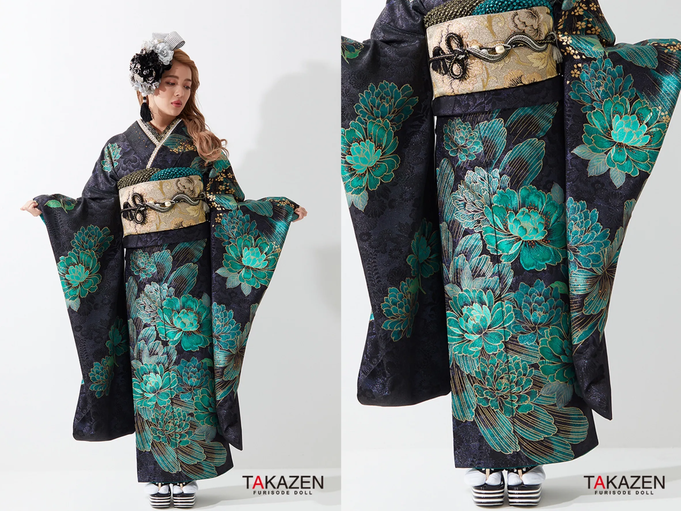 振袖　レンタル　奈良　帯　可愛い　アレンジ　華やか　綺麗　クール系　黒/緑派手　ボタン柄　目立つ　ギャル振袖　モード　ゴージャス