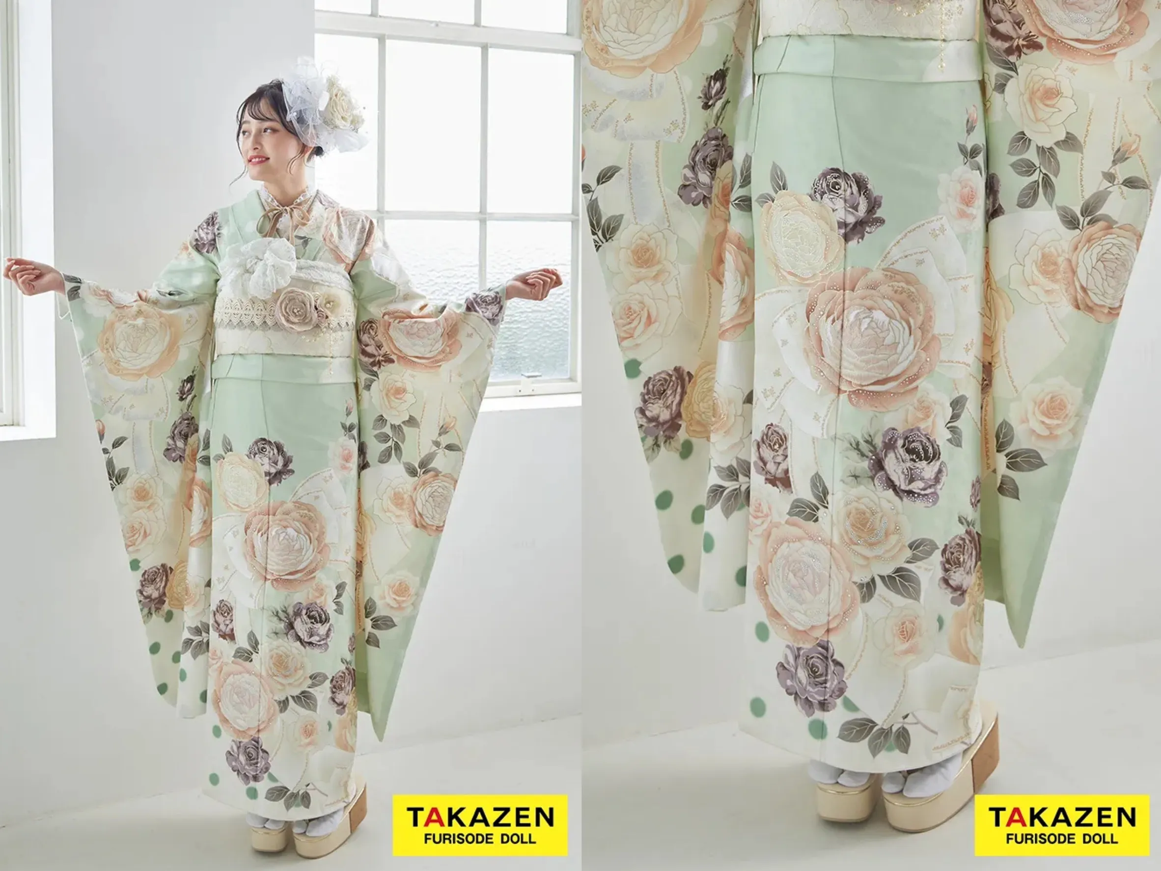 振袖 レンタル 奈良 振袖安い ヘップバーン ミントグリーン/ピスタチオカラー 薔薇柄/リボン柄 トレンド くすみカラー レース小物コーデ 大峰ユリホ