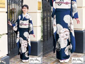 振袖　レンタル　奈良　帯　可愛い　アレンジ　華やか　綺麗　正統派古典　青色/ブルー/白　椿柄　大人っぽい　シンプル　おしゃれ　かわいい