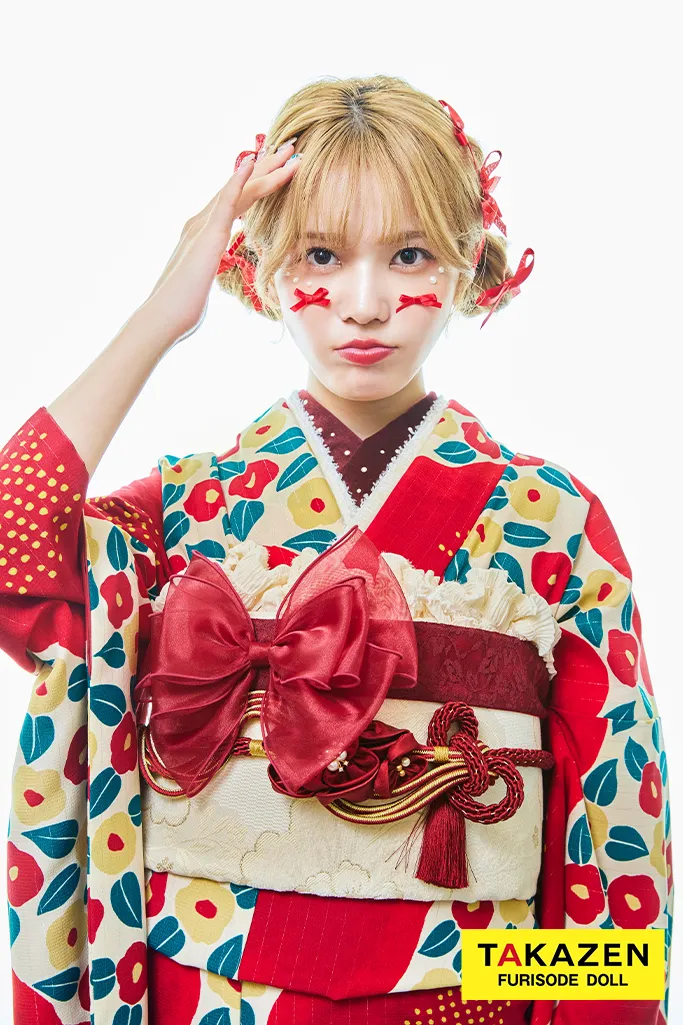 TAKAZENのレンタル振袖 激安レトロポップ　赤　椿柄/総柄　派手可愛い　目立つ　お洒落　今どき【通販可】32001