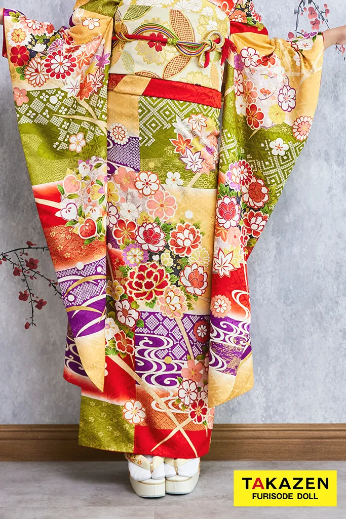 TAKAZENのレンタル振袖 格安正統派古典 緑/赤 受賞柄 牡丹柄 はんなり 上品 おしとやか 高級【通販可】32049