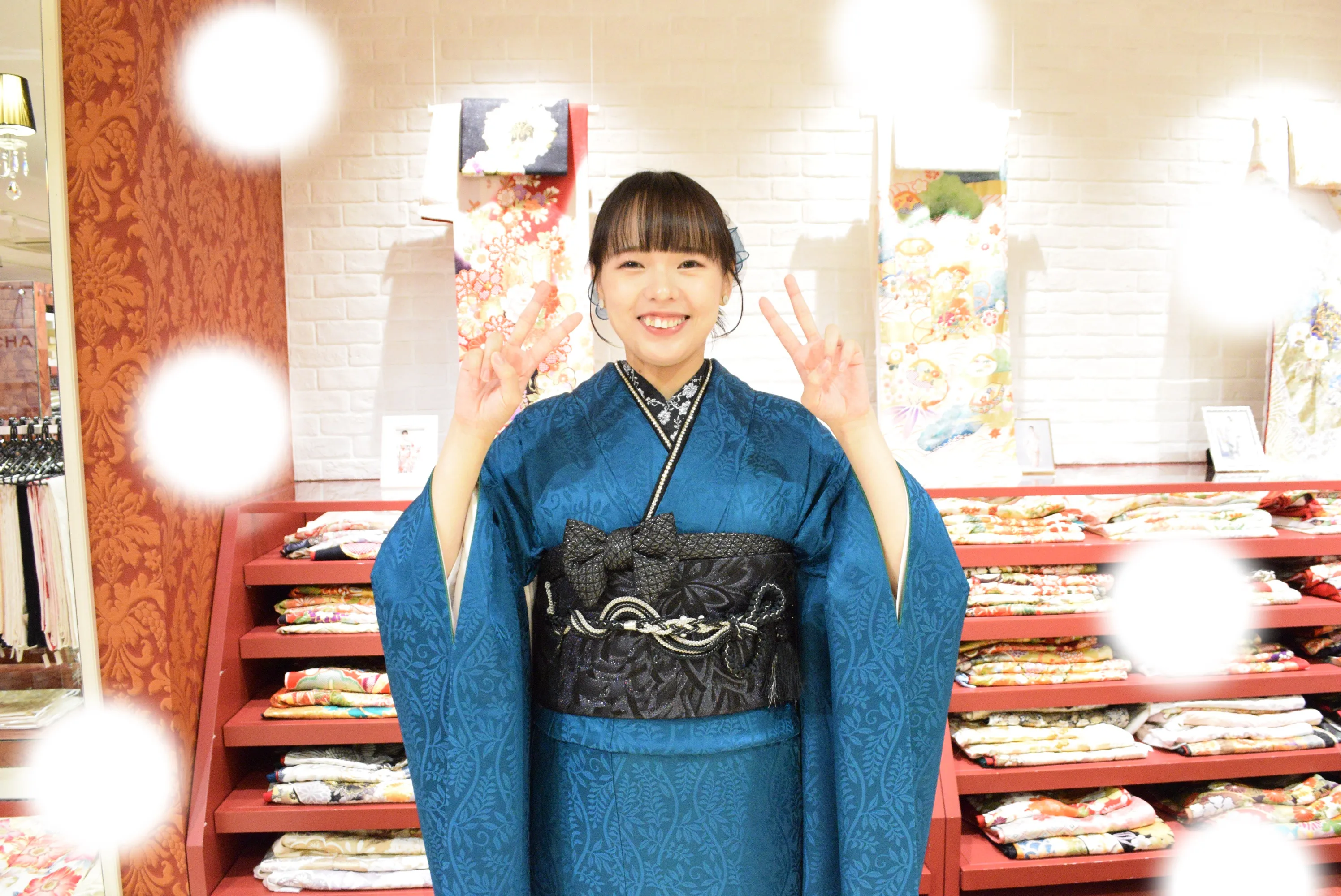 成人式　前撮り　梅田　ヴィンテージ　無地振袖　青　　かっこいい