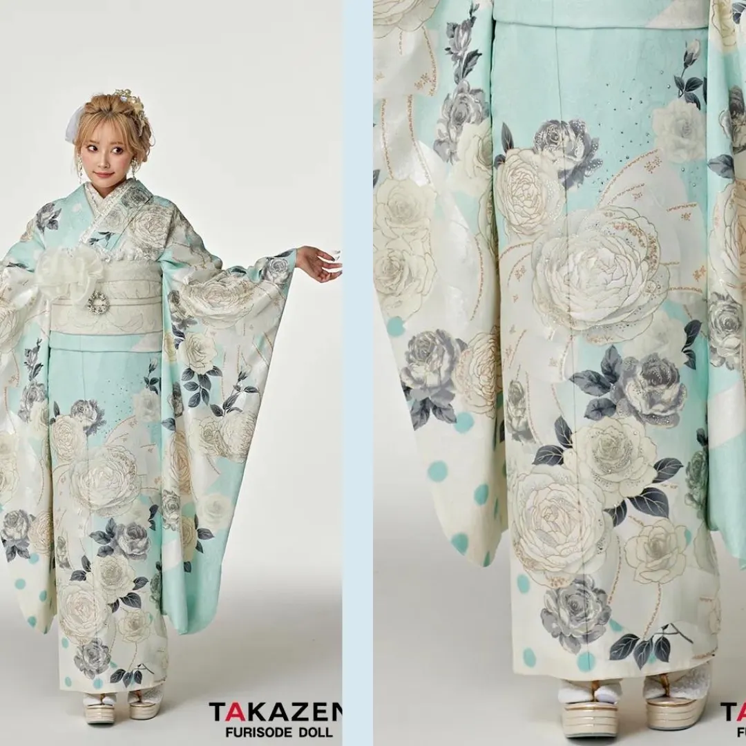 TAKAZEN　タカゼン　オリジナル　シャネルカラー　水色振袖　キュート　バラ　