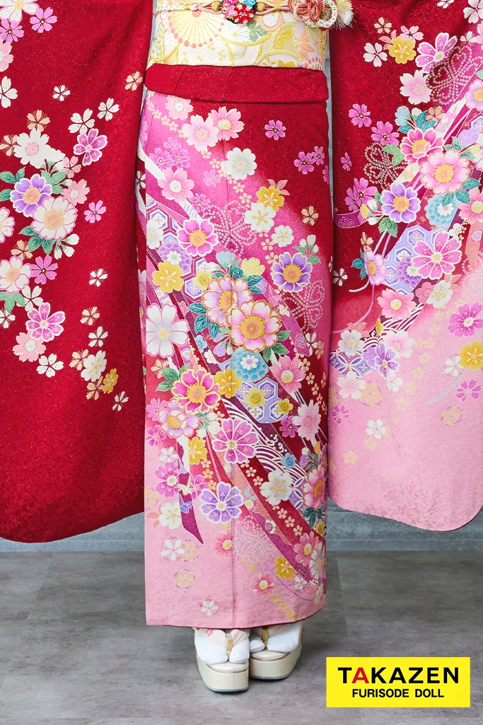 TAKAZENのレンタル振袖 安い！王道正統派古典　赤/ピンク　桜柄　柄小さめ　上品　清楚　かわいい【通販可】32169