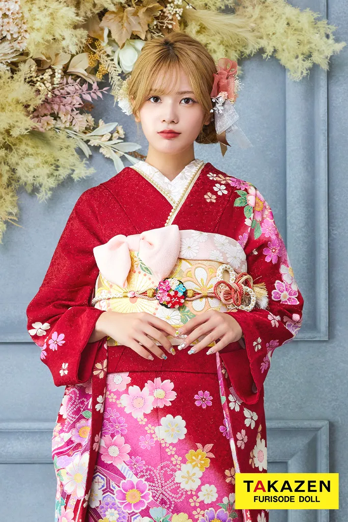 TAKAZENのレンタル振袖 安い！王道正統派古典　赤/ピンク　桜柄　柄小さめ　上品　清楚　かわいい【通販可】32169