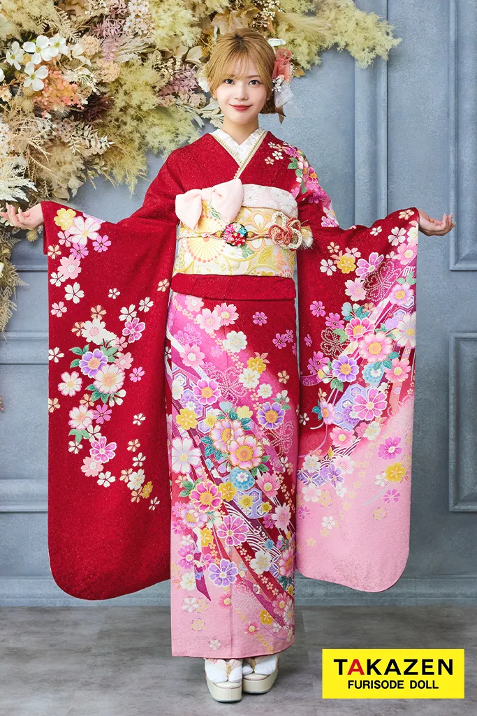 TAKAZENのレンタル振袖 安い！王道正統派古典　赤/ピンク　桜柄　柄小さめ　上品　清楚　かわいい【通販可】32169