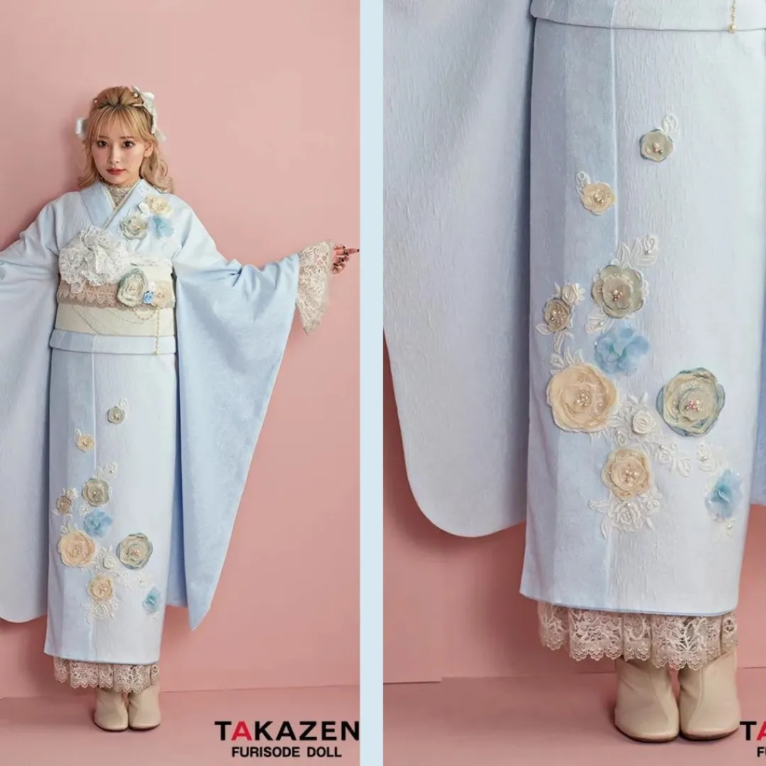 TAKAZEN　タカゼン　オリジナル　ミニョン　水色振袖　立体花　ジャガード