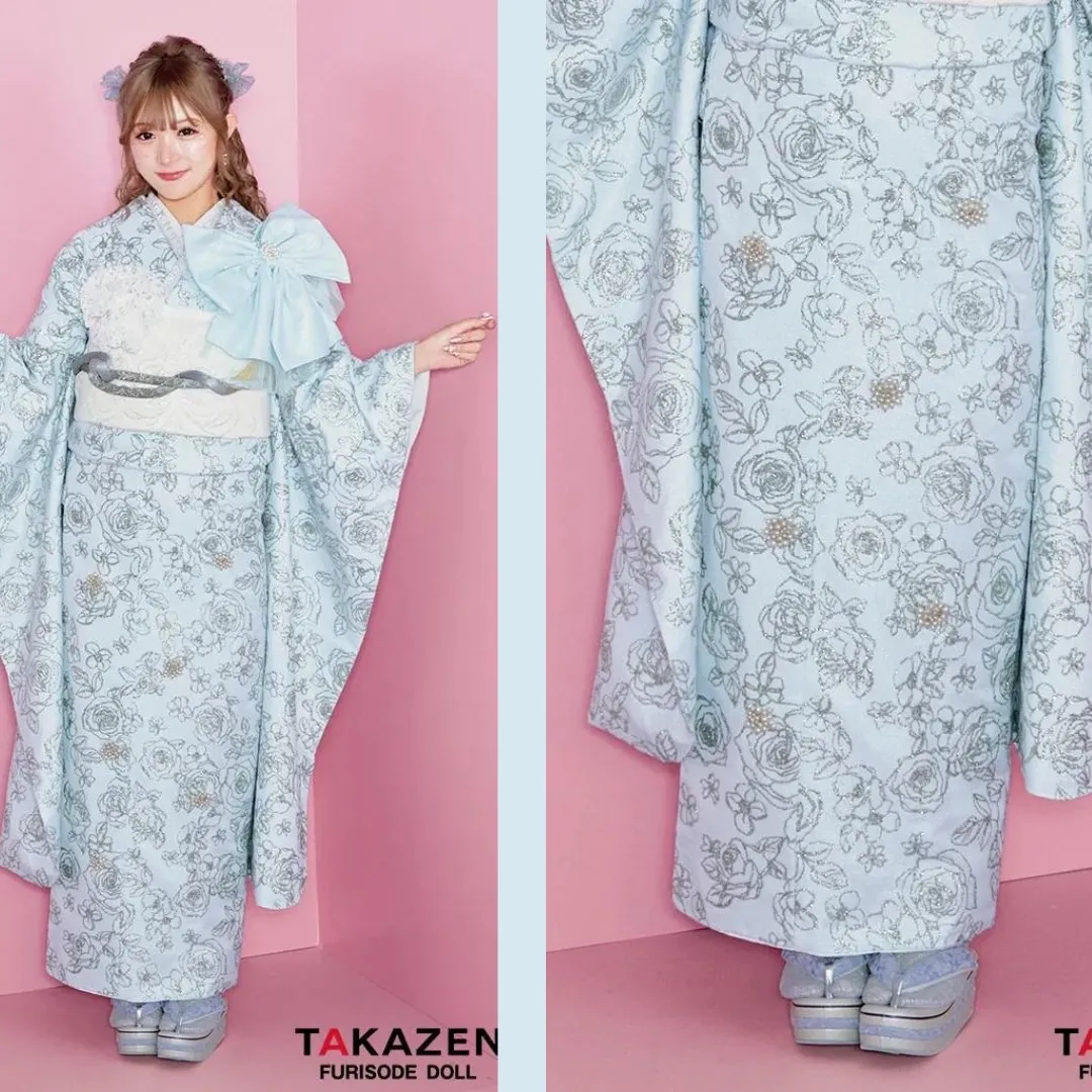 TAKAZEN　タカゼン　オリジナル　シュシュ　水色振袖　ラメ　キラキラ　リボン　個性派