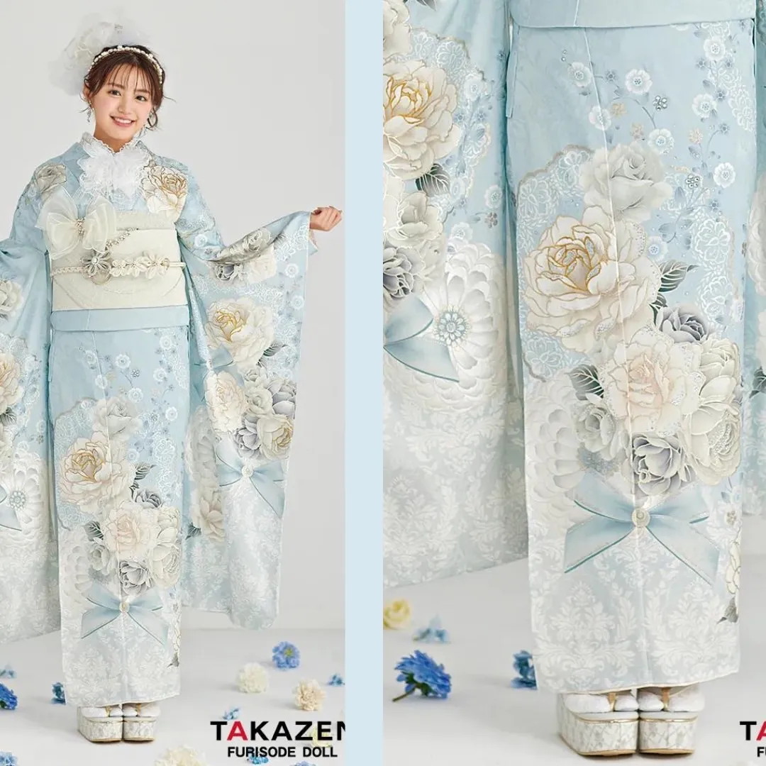 TAKAZEN　タカゼン　オリジナル　コスメカラー　水色振袖　ツヤツヤ　エレガント
