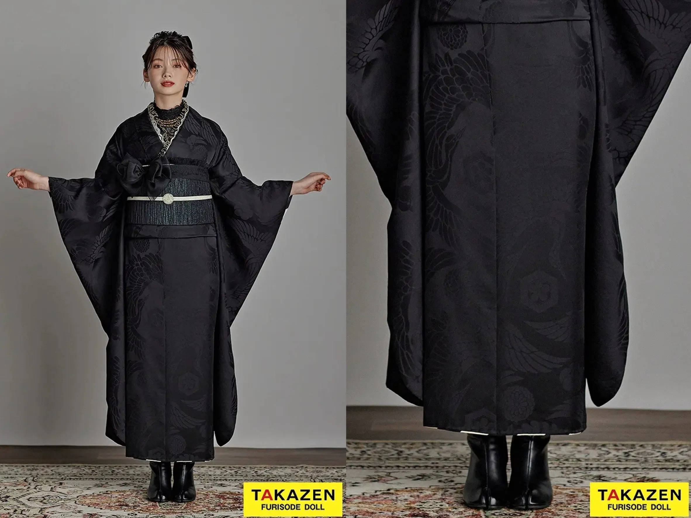 振袖　レンタル　奈良　振袖安い　ヴィンテージスタイル　黒/ブラック　無地　大人っぽい着こなし　真っ黒振袖　レース小物コーデ/足袋ブーツ