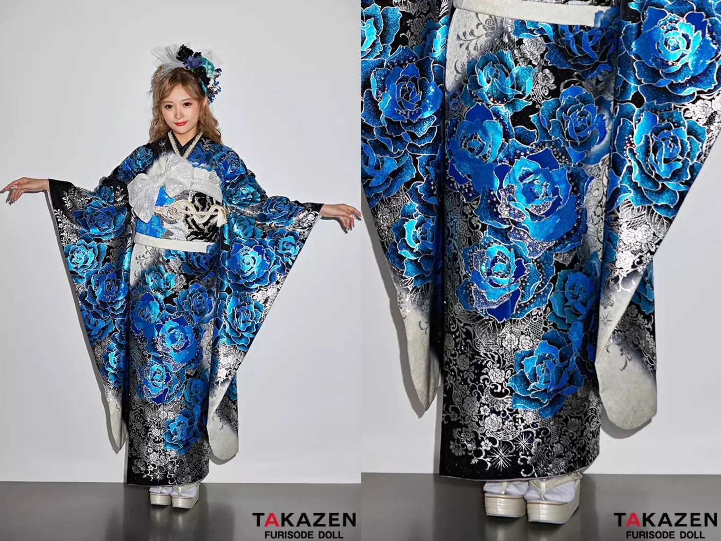 振袖 レンタル 奈良 帯 可愛い アレンジ 華やか 綺麗 クール系 ブルー(青)/白/黒 薔薇柄 高級 派手 一番目立つ キラキラ振袖 豪華 スワロフスキー付き 柄多い かっこいい 聖菜