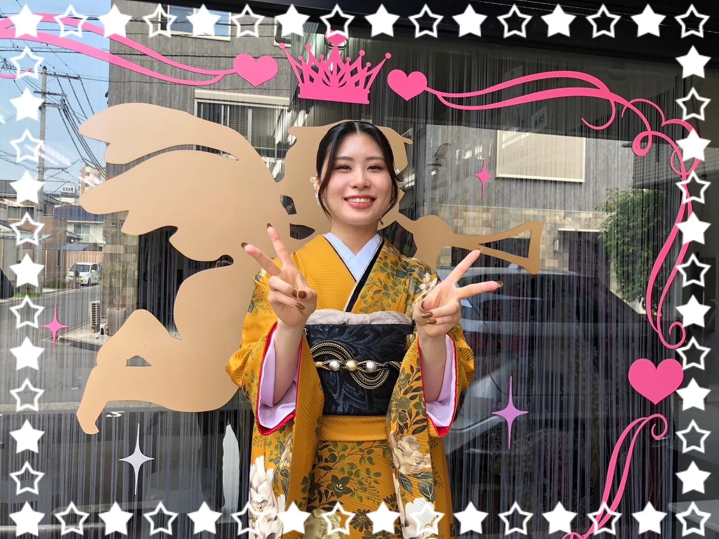 成人式 振袖 前撮り撮影会ヴィンテージスタイル からし/黒 牡丹柄 ノスタルジック 個性的振袖 人気 アンティーク調 ブーツスタイル