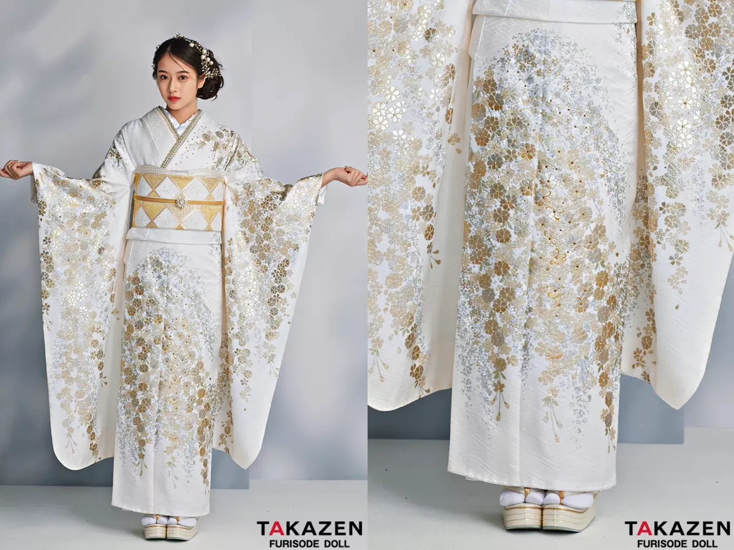 振袖 レンタル 奈良 最新作最高級古典柄振袖 関芳/最高級金駒金彩刺繍友禅 白/金 サクラ柄 キラキラ 上品 正絹 無彩色 透明感のある 天翔天音