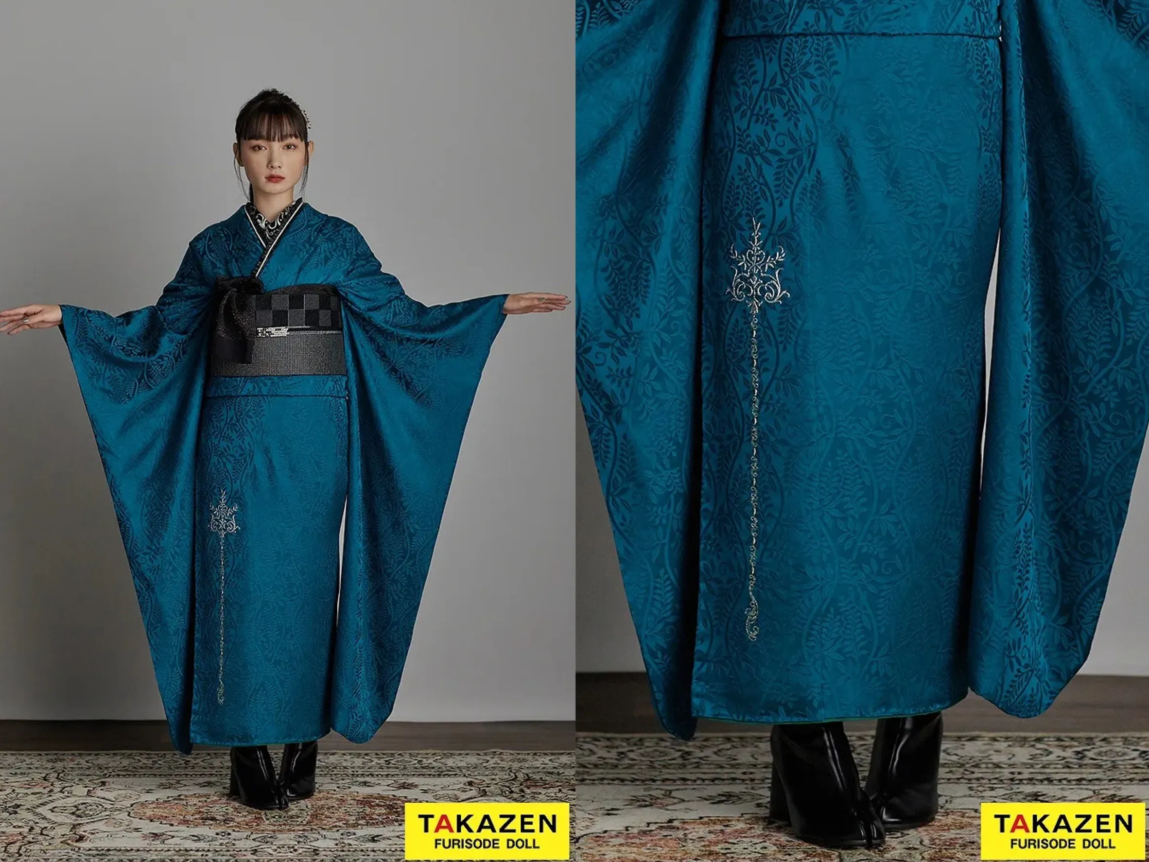 振袖 レンタル 奈良 振袖安い 最新作ヴィンテージスタイル ターコイズブルー/青 柄すくなめ/ワンポイント刺繍 シンプル 大人っぽい ブーツスタイル